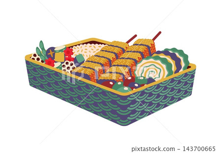 Japanese bento lunch box meal icon with seafood 143700665