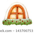 A stylish Western-style arched window adorned with red flowers and greenery. 143700753