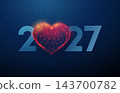 Blue 2027 and 3d red heart shape. New year, happy holiday, celebration, love, health care, charity, donation, kindness, support, wellness, wellbeing, hope concept 143700782