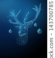 3D blue deer with christmas toys. Christmas deer, holiday decoration, new year celebration, festive ornament, winter reindeer, snow season, seasonal greeting concept 143700785