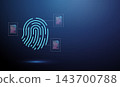 3D blue fingerprint with document files. Personal data access, identity records, CV database, biography search, confidential files, secure storage, data privacy concept 143700788
