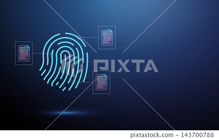 3D blue fingerprint with document files. Personal data access, identity records, CV database, biography search, confidential files, secure storage, data privacy concept 143700788