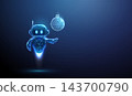 3D blue robot holding Christmas ball in hand. Artificial intelligence, winter holiday, new year, technology greeting, festive innovation, holiday celebration concept 143700790