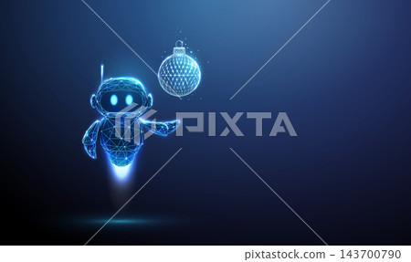 3D blue robot holding Christmas ball in hand. Artificial intelligence, winter holiday, new year, technology greeting, festive innovation, holiday celebration concept 3D blue robot holding Christmas ball in hand. Artificial intelligence, winter holiday, new year, technology greeting, festive innovation, holiday celebration concept 143700790