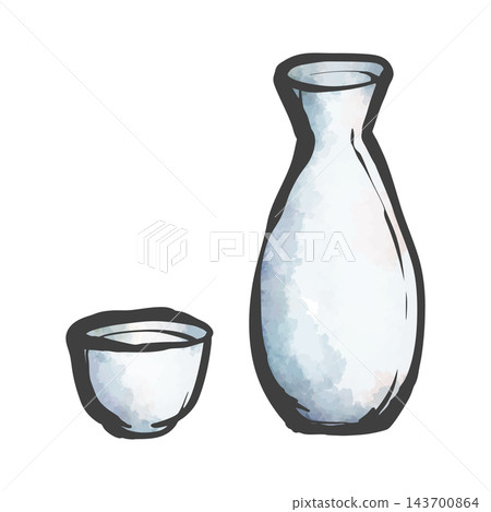 Hand-painted brushstroke style illustration of a sake bottle and sake cup Hand-painted brushstroke style illustration of a sake bottle and sake cup 143700864