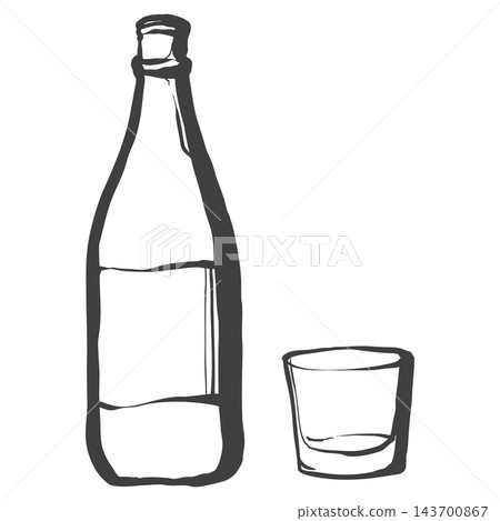 A hand-drawn, brushstroke-style illustration of a sake bottle and a glass. 143700867
