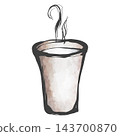 一幅手繪的、筆觸風格的插圖，描繪了一杯盛在陶瓷杯中的熱飲。 143700870