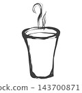 一幅手繪的、筆觸風格的插圖，描繪了一杯盛在陶瓷杯中的熱飲。 143700871
