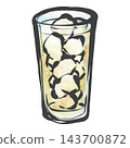 手繪風格的插圖，描繪了高腳杯中的冰塊和碳酸飲料。 143700872