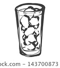 手繪風格的插圖，描繪了冰塊和高腳杯中的飲料。 143700873