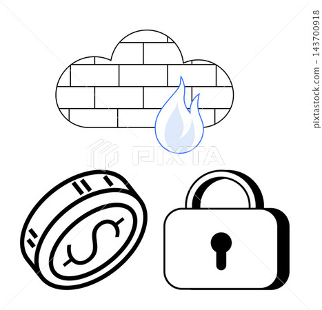 Cybersecurity, data protection, online transactions, secure access, financial safety, digital services. A brick cloud firewall, lock symbol and dollar coin. Cybersecurity and data protection concept Cybersecurity, data protection, online transactions, secure access, financial safety, digital services. A brick cloud firewall, lock symbol and dollar coin. Cybersecurity and data protection concept 143700918