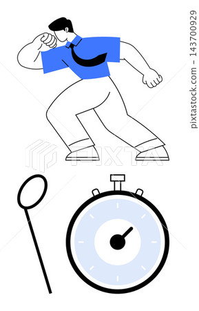 Time management, productivity, business planning, efficiency, analysis, career growth. Dynamic businessman poses with stopwatch and magnifying glass. Time management and productivity concept Time management, productivity, business planning, efficiency, analysis, career growth. Dynamic businessman poses with stopwatch and magnifying glass. Time management and productivity concept 143700929