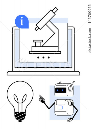 Science research, AI innovation, robotic assistance, smart technology, data analysis, education visuals. Laptop displaying a microscope, robot holding a pointer lightbulb icon. Science research Science research, AI innovation, robotic assistance, smart technology, data analysis, education visuals. Laptop displaying a microscope, robot holding a pointer lightbulb icon. Science research 143700933