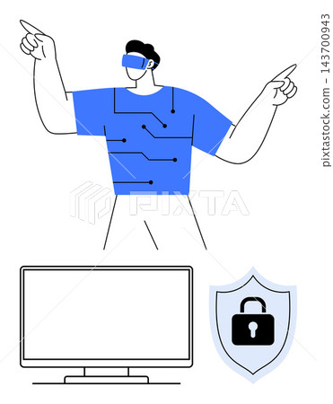 Cybersecurity, virtual reality, digital safety, future technology, data privacy, online protection. Person wearing VR headset and circuitry shirt alongside monitor and lock shield. Cybersecurity Cybersecurity, virtual reality, digital safety, future technology, data privacy, online protection. Person wearing VR headset and circuitry shirt alongside monitor and lock shield. Cybersecurity 143700943