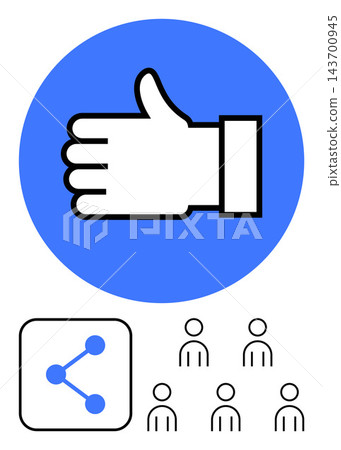 Social media, community building, online communication, networking, approvals, digital sharing. Thumbs-up symbol with sharing icon and group of people. Social media and community building concept Social media, community building, online communication, networking, approvals, digital sharing. Thumbs-up symbol with sharing icon and group of people. Social media and community building concept 143700945