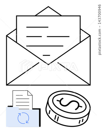 Finance, communication, payments, transactions, office organization, budgeting. Open envelope, document with arrows and dollar coin. Finance and communication ideas visually Finance, communication, payments, transactions, office organization, budgeting. Open envelope, document with arrows and dollar coin. Finance and communication ideas visually 143700946
