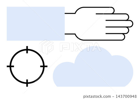 Connectivity, cloud computing, human interaction, target, technology interfaces, digital design. Hand outline with a target icon next to a cloud graphic. Connectivity and cloud computing concept Connectivity, cloud computing, human interaction, target, technology interfaces, digital design. Hand outline with a target icon next to a cloud graphic. Connectivity and cloud computing concept 143700948