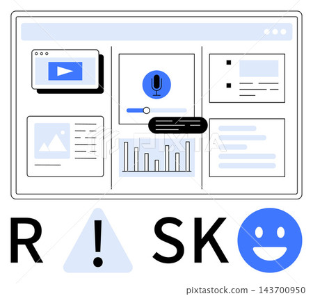 Risk management, digital interfaces, data analytics, security software, online monitoring, decision-making tools. Web interface showing data graphs, microphone icon and alerts. Risk management Risk management, digital interfaces, data analytics, security software, online monitoring, decision-making tools. Web interface showing data graphs, microphone icon and alerts. Risk management 143700950
