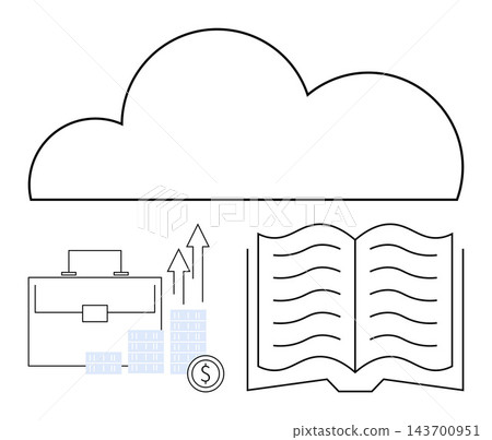 Business growth, financial success, knowledge sharing, cloud computing, education, data storage. Minimalist design showing a cloud, briefcase financial growth icons and an open book. Business Business growth, financial success, knowledge sharing, cloud computing, education, data storage. Minimalist design showing a cloud, briefcase financial growth icons and an open book. Business 143700951