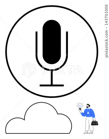Voice technology, cloud storage, podcasting, audio innovation, creative ideas, digital communication. Black microphone icon in a circle above a cloud. Voice technology and cloud storage concept Voice technology, cloud storage, podcasting, audio innovation, creative ideas, digital communication. Black microphone icon in a circle above a cloud. Voice technology and cloud storage concept 143701008