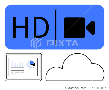 Video streaming, cloud storage, data analytics, digital technology, media transfer, online collaboration. HD video icon, cloud and data chart elements. Video streaming and cloud storage 143701014