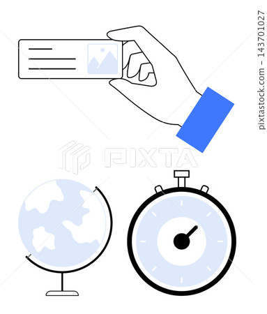 Identity security, global reach, time tracking, authentication, workflow optimization, digital processes. A hand holding a card with a globe and stopwatch below. Identity verification and global Identity security, global reach, time tracking, authentication, workflow optimization, digital processes. A hand holding a card with a globe and stopwatch below. Identity verification and global 143701027