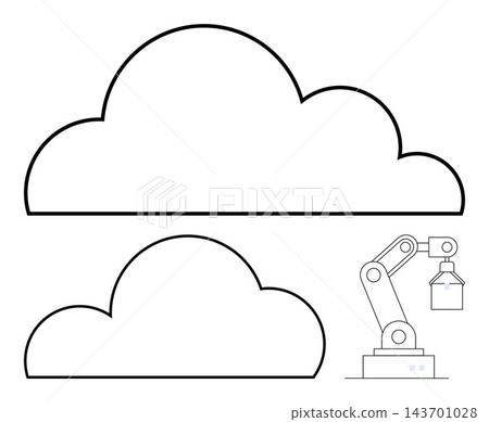 Cloud computing, automation tools, smart industry, data integration, robotics, scalable systems. Outline of clouds with robotic arm holding object. Cloud computing and automation concepts Cloud computing, automation tools, smart industry, data integration, robotics, scalable systems. Outline of clouds with robotic arm holding object. Cloud computing and automation concepts 143701028