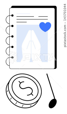 Charity, donations, religion, helping others, gratitude, philanthropy. Prayer hands on a notebook with a heart, a coin and a spoon. Charity and donations concept 143701044
