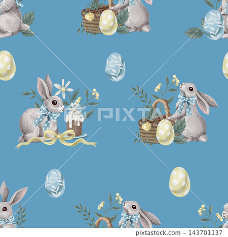 Seamless Easter pattern with watercolor bunny arrangements, baskets, pastel eggs, flowers and ribbons on blue. Spring repeat for textiles and gift wrap Seamless Easter pattern with watercolor bunny arrangements, baskets, pastel eggs, flowers and ribbons on blue. Spring repeat for textiles and gift wrap 143701137