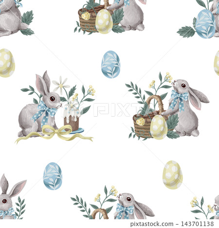 Seamless watercolor Easter pattern of bunny arrangements with baskets, eggs, flowers, ribbons and cake on white. Pastel design for fabric and wrapping paper Seamless watercolor Easter pattern of bunny arrangements with baskets, eggs, flowers, ribbons and cake on white. Pastel design for fabric and wrapping paper 143701138