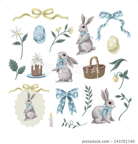 Watercolor Easter bunny clipart set with decorated eggs, blue bows, spring flowers, basket and festive cake on white. Pastel holiday elements for cards, invitations and packaging. Watercolor Easter bunny clipart set with decorated eggs, blue bows, spring flowers, basket and festive cake on white. Pastel holiday elements for cards, invitations and packaging. 143701140