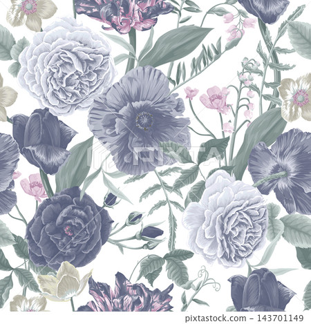 Muted Pastel Roses Poppies Tulips and Wildflowers Realistic Botanical Seamless Pattern on White Muted Pastel Roses Poppies Tulips and Wildflowers Realistic Botanical Seamless Pattern on White 143701149