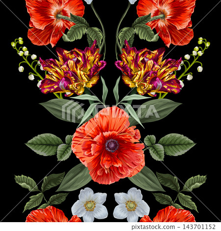 Symmetrical Floral Composition with Poppies Tulips Wildflowers and Leaves on Black Background Design 143701152