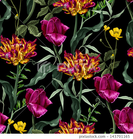 Dark Romantic Tulips and Wildflowers Realistic Botanical Seamless Pattern on Black Background Design Dark Romantic Tulips and Wildflowers Realistic Botanical Seamless Pattern on Black Background Design 143701165