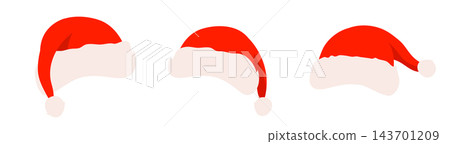 Santa Claus hat background set with red and white isolated vector caps and flat Christmas holiday design elements Santa Claus hat background set with red and white isolated vector caps and flat Christmas holiday design elements 143701209