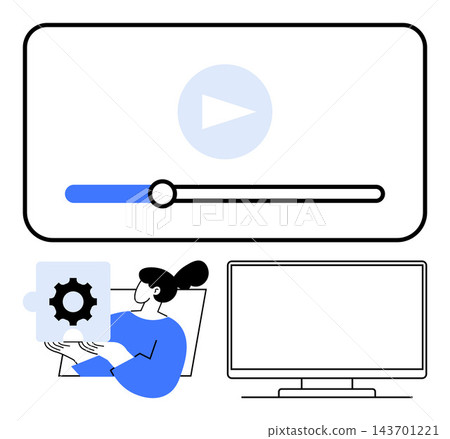 Video streaming, technology interface, media management, user settings, digital devices, online services. Interface with playback bar and video icon. Video streaming and technology interface concept 143701221