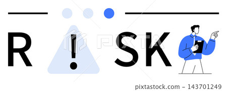 Risk assessment, evaluation, safety planning, alert systems, compliance monitoring, corporate strategy. Exclamation mark in triangle with professional pointing. Risk assessment and evaluation concept 143701249