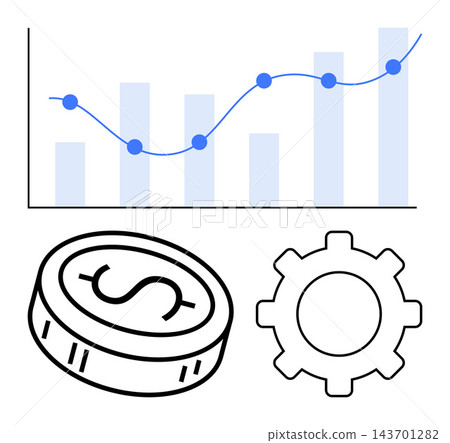 Financial analysis, economic growth, business strategy, operational efficiency, investment planning, and data-driven technology. Line graph with a coin and gear symbols. Financial analysis Financial analysis, economic growth, business strategy, operational efficiency, investment planning, and data-driven technology. Line graph with a coin and gear symbols. Financial analysis 143701282