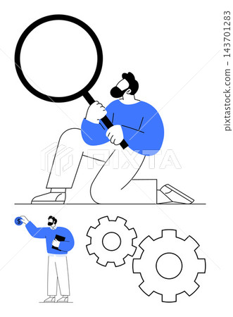 Business analysis, problem-solving, workflow optimization, productivity, innovation, teamwork. A man holding a magnifying glass kneeling beside gears. Business analysis and problem-solving concept Business analysis, problem-solving, workflow optimization, productivity, innovation, teamwork. A man holding a magnifying glass kneeling beside gears. Business analysis and problem-solving concept 143701283