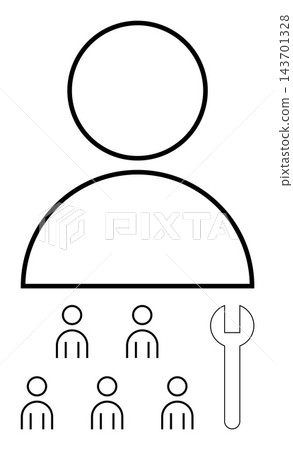 Leadership, team management, workforce planning, human resources, collaboration, problem-solving. A large figure with smaller figures below and a wrench symbol. Leadership and team management concept Leadership, team management, workforce planning, human resources, collaboration, problem-solving. A large figure with smaller figures below and a wrench symbol. Leadership and team management concept 143701328