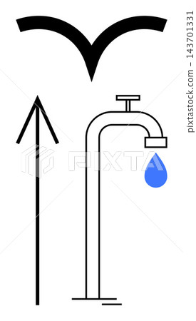 Water conservation, sustainability, resource management, ecology, environmental awareness, symbolic communication. Minimalist design with a faucet, water droplet, arrow and bird-thumbs up shape Water conservation, sustainability, resource management, ecology, environmental awareness, symbolic communication. Minimalist design with a faucet, water droplet, arrow and bird-thumbs up shape 143701331