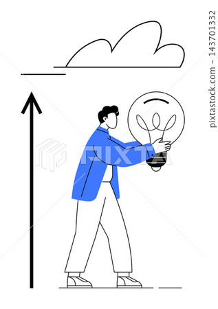 Innovation, creativity, development, problem solving, success, growth potential. Person holding a lightbulb, upward arrow cloud outlines. Innovation and creativity concepts Innovation, creativity, development, problem solving, success, growth potential. Person holding a lightbulb, upward arrow cloud outlines. Innovation and creativity concepts 143701332