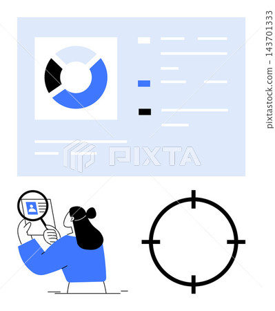 Data analysis, identity verification, business intelligence, targeting, technology, and security. Woman examining ID with magnifying glass, pie chart and crosshair symbol. Data analysis and identity Data analysis, identity verification, business intelligence, targeting, technology, and security. Woman examining ID with magnifying glass, pie chart and crosshair symbol. Data analysis and identity 143701333