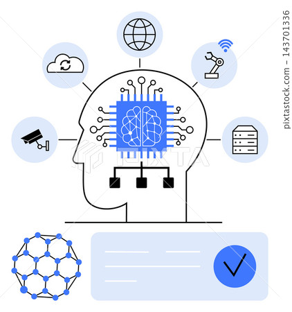 Artificial intelligence, automation, data analysis, machine learning, cloud computing, cybersecurity. Silhouette of a head with neural networks, tech icons and connections. Artificial intelligence 143701336
