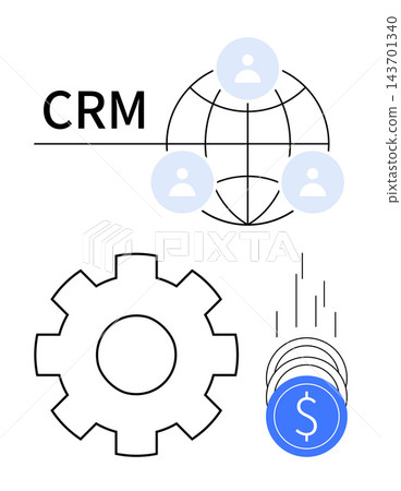 Customer management, revenue generation, teamwork, networking, process optimization, digital marketing. CRM text with user connections, gear and falling coins. Customer management and revenue Customer management, revenue generation, teamwork, networking, process optimization, digital marketing. CRM text with user connections, gear and falling coins. Customer management and revenue 143701340