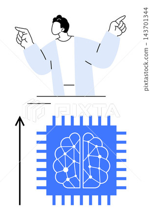 Artificial intelligence, neural networks, innovation, technology growth, human machine interaction, digital transformation. Person pointing above a circuit board brain. AI and neural networks Artificial intelligence, neural networks, innovation, technology growth, human machine interaction, digital transformation. Person pointing above a circuit board brain. AI and neural networks 143701344