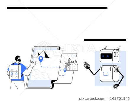 Travel planning, location services, navigation, futuristic technology, tourism, guidance. Person with a backpack pointing to a map alongside a robot indicating directions. Travel planning 143701345