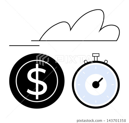 Efficiency, productivity, time management, financial savings, business strategy, economic decisions. A clock, dollar sign and cloud in minimalistic design. Efficiency and productivity concept Efficiency, productivity, time management, financial savings, business strategy, economic decisions. A clock, dollar sign and cloud in minimalistic design. Efficiency and productivity concept 143701358