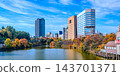 Autumn foliage and the cityscape of skyscrapers spread along the outer moat of Ichigaya, Tokyo. 143701371