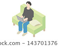 A man who operates a laptop computer with a sofa 143701376